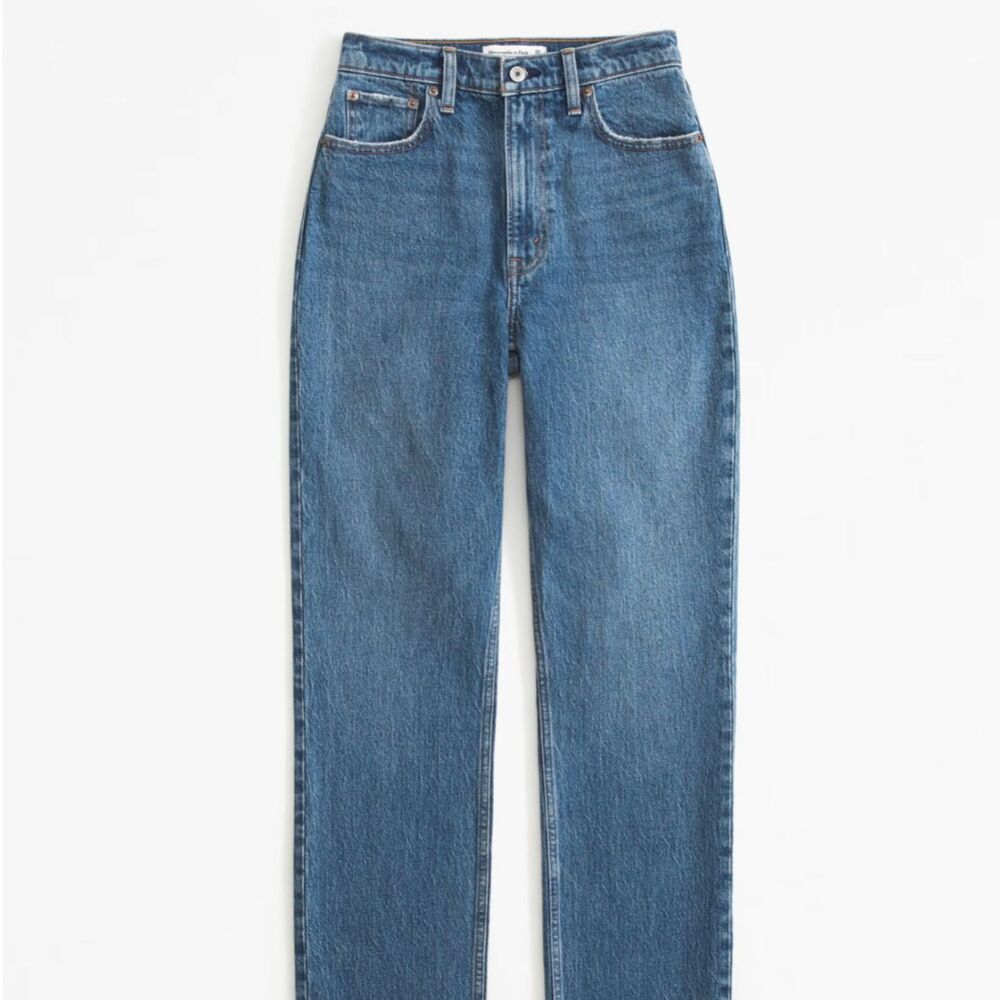 A&F 90's Ultra Straight Ultra High Rise Jeans, Med Wash, Distressed Womens Sz 33